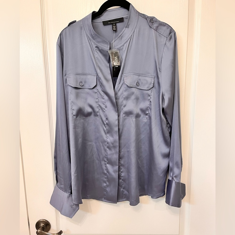 White House Black Market Light Blue Satin Blouse. NWT